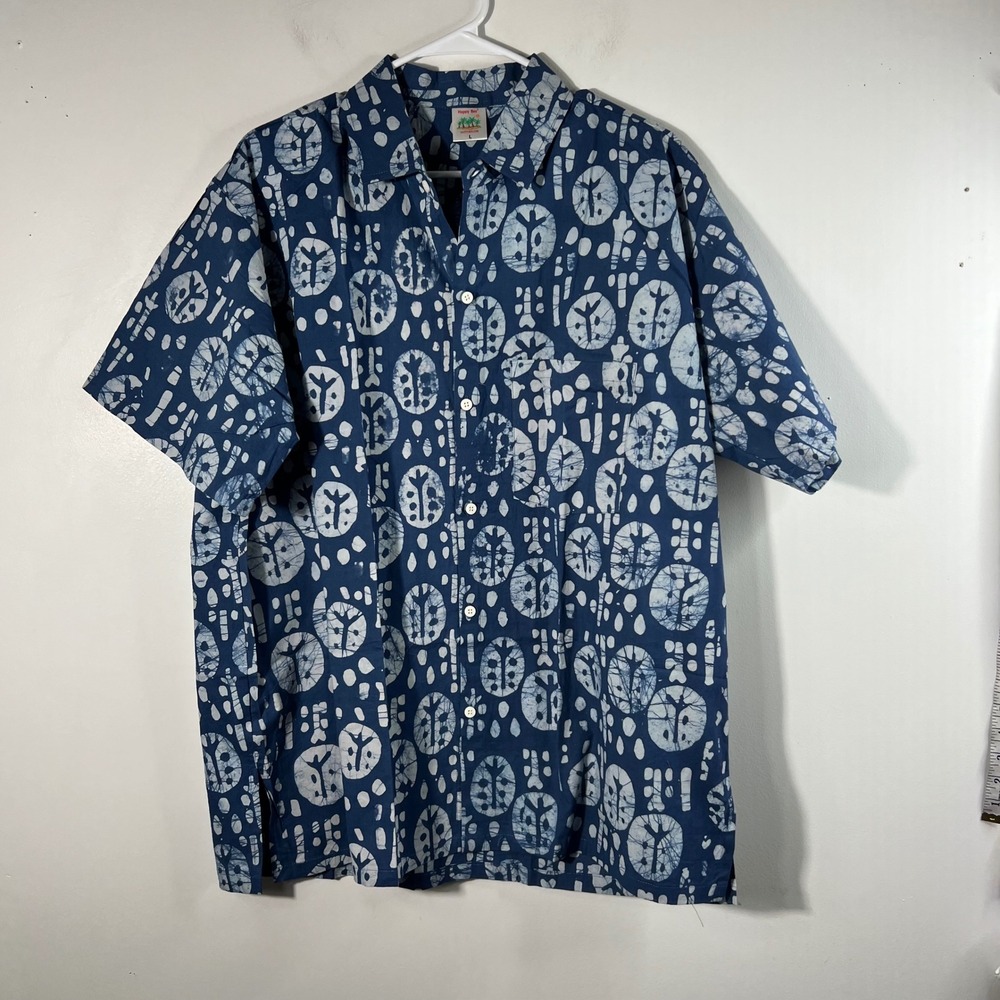 Mens Happy Bay Hawaiian Shirt Blue White L Cotton NWOT